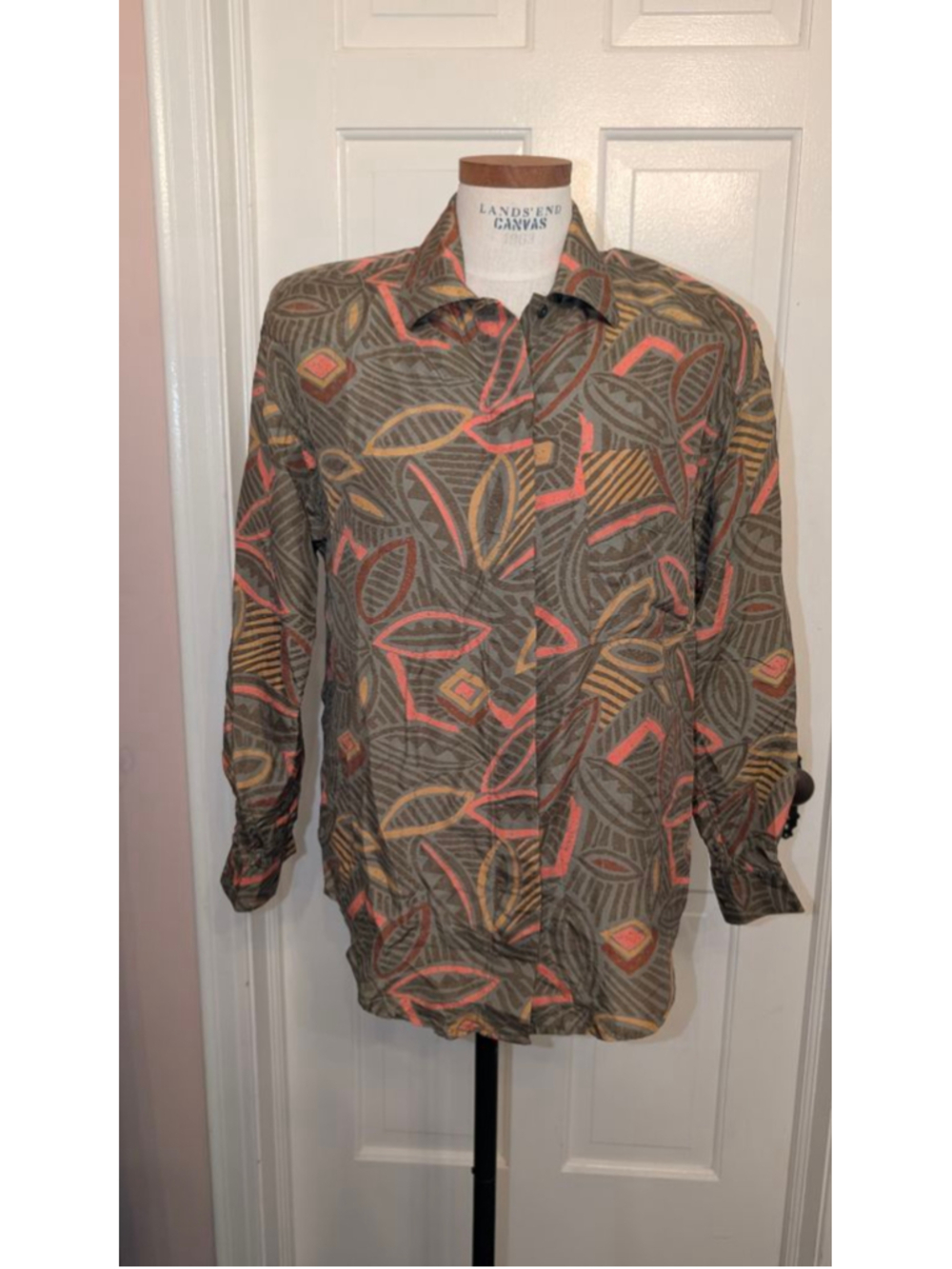 vintage Diane Gilman Olive Green Coral Abstract Button Down Shirt S
